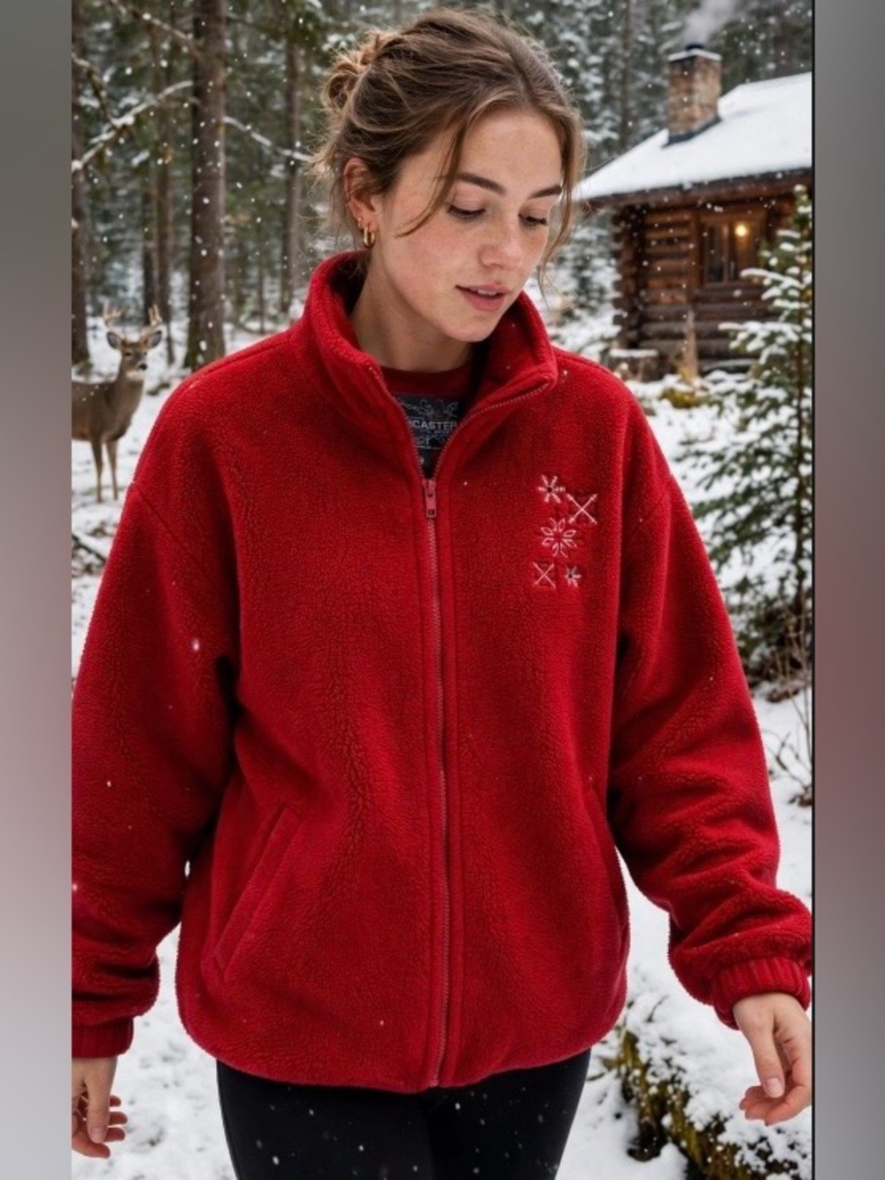 Y2K  Boxy Fit Forecaster Sport snowflake Red Full-Zip Fleece Jacket Sz. S